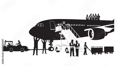 Airplane boarding with passengers and stairs silhouette vector