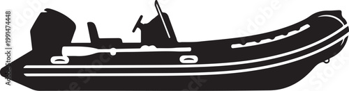 Inflatable boat, rubber dinghy, motorboat, black silhouette, vector illustration
