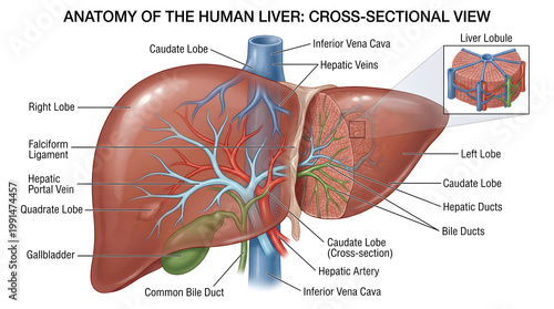 Anatomy of the human liver in cross‑section showing right, left, caudate and quadrate lobes, hepatic veins, portal vein branches, hepatic artery, bile ducts, gallbladder and inset of lobule microanato