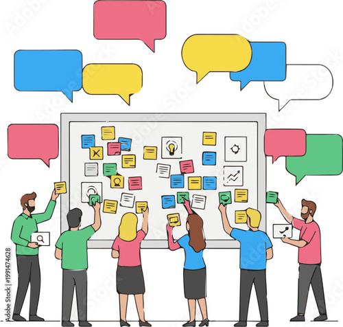 Professional team members collaborating on a project by placing colorful sticky notes on a large whiteboard in the modern office