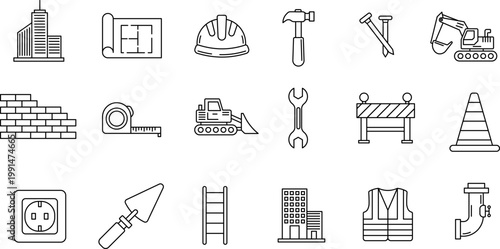 Construction site icons showcase various tools and equipment in use.