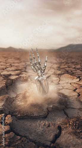 A metallic robotic hand emerges from cracked earth, symbolizing resilience and the clash between nature and technology.