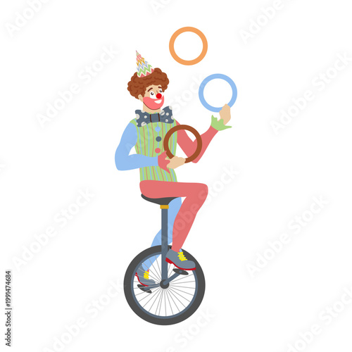 Vector illustration of a funny circus clown performing on a unicycle. The character wears a colorful striped costume a party hat and a bow tie while juggling three rings. Isolated flat design on a whi