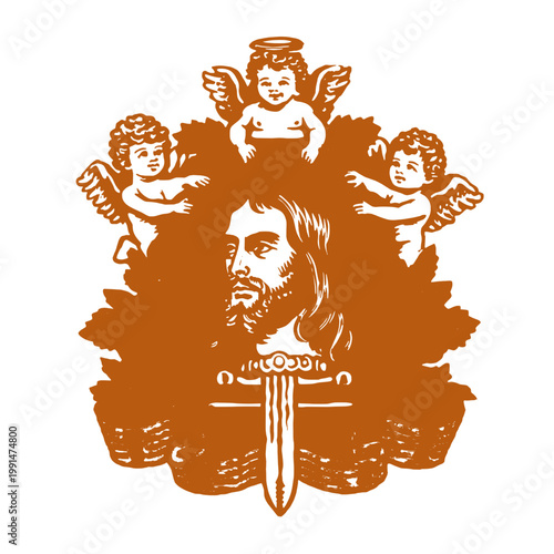 Vintage engraved illustration featuring angels and a head, perfect for amusing t-shirt designs with a funny quote
