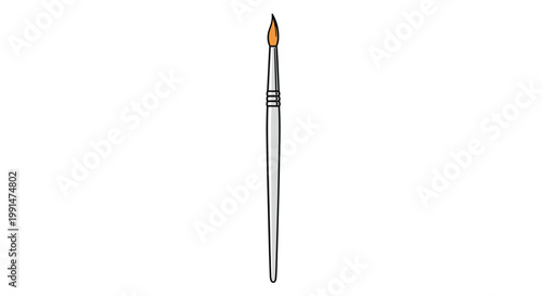 Slender artist paintbrush with a light gray handle and a fine tip coated in bright orange paint standing vertically.