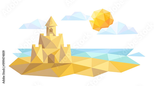 Modern Low-Poly Summer Beach Composition on White Background