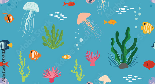 Vibrant underwater pattern showcasing a variety of colorful tropical fish, jellyfish, seaweed, and coral on a teal background.