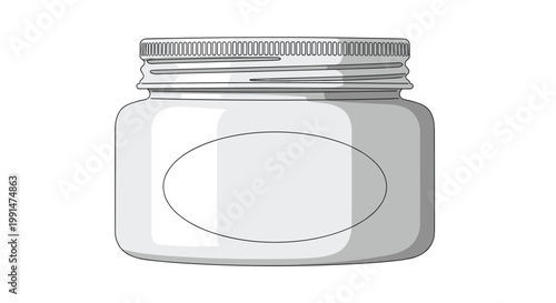 Realistic illustration of a short wide glass jar with a textured silver screw-on lid for food storage or cosmetic packaging.