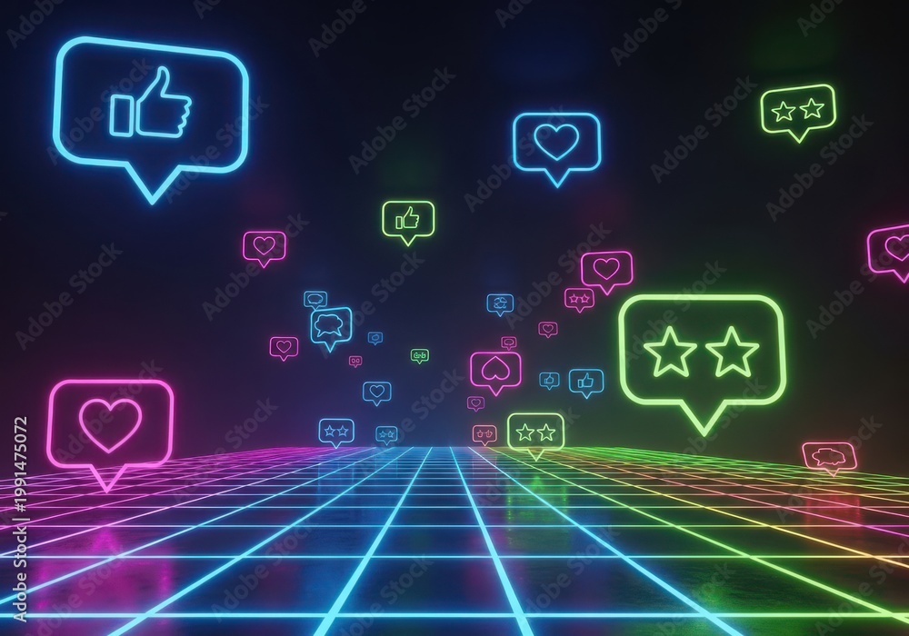 Fototapeta premium Neon social media icons floating above a digital grid in a vibrant retro synthwave style scene