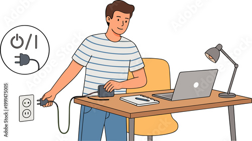 A man plugging a cord into a wall outlet near his desk with laptop and lamp