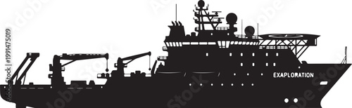 Black silhouette of a commercial ship, vessel, exploration boat, industrial watercraft