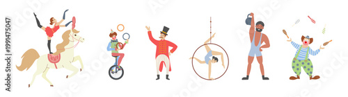 Vector collection of circus characters including a woman riding a horse an aerial gymnast on a ring and a strongman with a kettlebell. The set features two different clowns juggling rings and pins and
