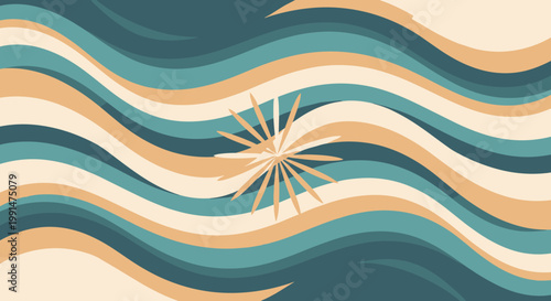 Vibrant abstract background with flowing wavy lines in teal, orange, and tan featuring a central minimalist starburst element.