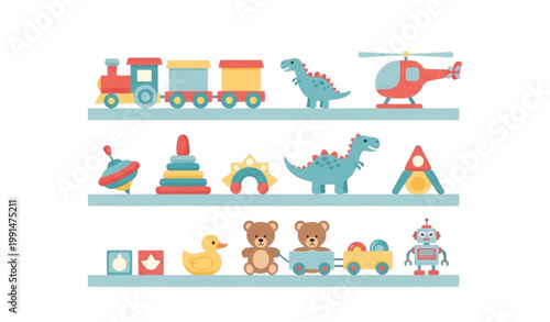 Colorful kids toy shelf vector illustration with train dinosaur helicopter robot duck and teddy bears arranged on three shelves in flat cartoon style isolated on white background