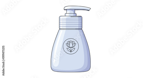 Simple graphic of a light blue pump bottle for liquid soap or lotion featuring a delicate flower icon and a white background setting.