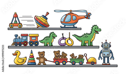 Cute children toys collection on shelves with train spinning top dinosaur helicopter robot duck and bears in playful cartoon vector style on white background
