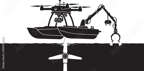 Vector boat, drone, and submarine icons, black and white, industrial and transportation symbols