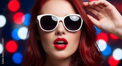Stylish woman with red hair and sunglasses in a vibrant bokeh background