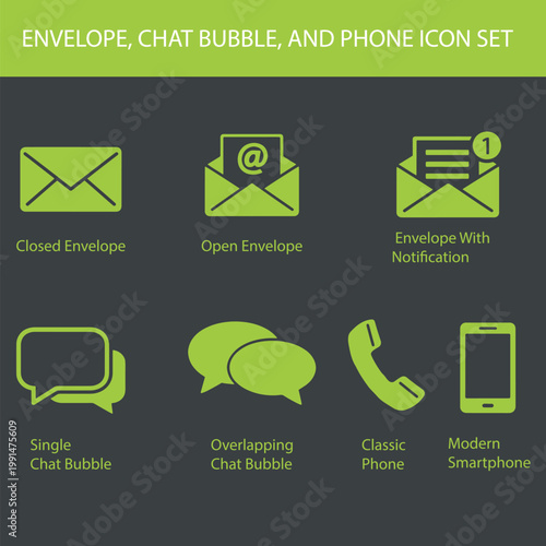 envelope, chat bubble, and phone icon set.