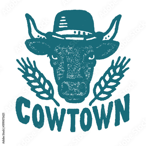 Vintage engraved illustration capturing the spirit of Cowtown with a humorous flair in a t-shirt print design