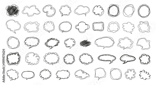 Large set of diverse hand drawn sketchy speech bubbles scribbled shapes and conversational balloons in various styles for graphic design.