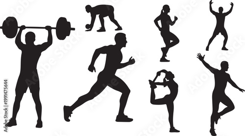 Black silhouette fitness icons, athletic vector graphics, workout people set, exercise illustrations