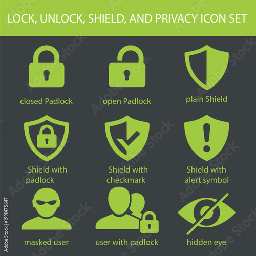 lock, unlock, shield, and privacy icon set