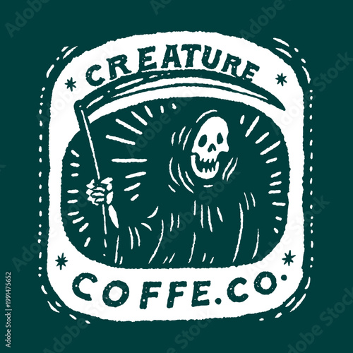 Funny vintage engraving of a grim reaper holding a coffee cup with an amusing quote for t-shirt lovers and coffee enthusiasts
