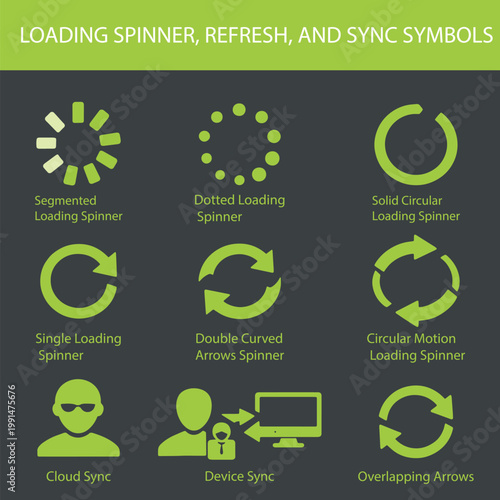 Loading spinner, refresh, and sync symbols.
