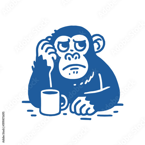 Engraved illustration features a contemplative monkey with a cup, perfect for vintage t-shirt art with a humorous twist