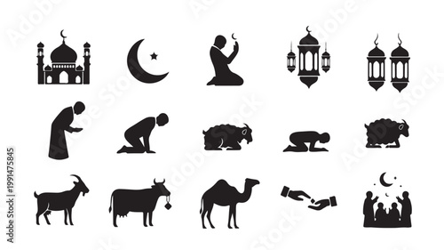 Islamic prayer and sacrificial animals silhouette icon set vector