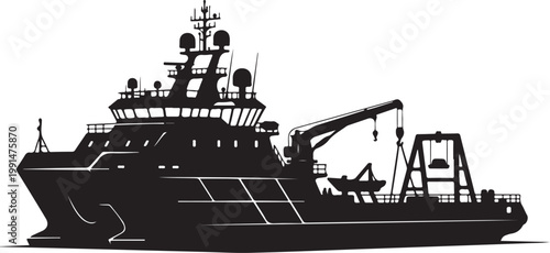 Black silhouette offshore oil rig supply ship, industrial vessel, marine equipment, drilling platform