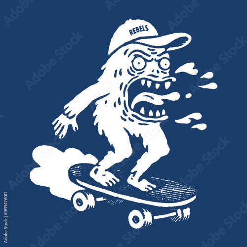Funny vintage illustration of a wild creature skating with attitude expressing rebellious spirit on a stylish t-shirt design