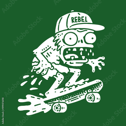 Funny vintage skateboard art featuring a surprised character with a rebel cap in action on a green background