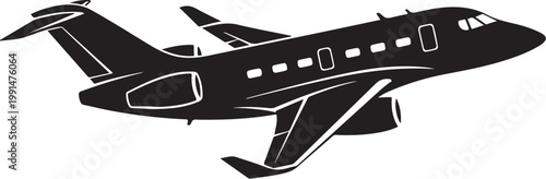 Private Jet, Airplane, Aircraft, Aviation Icon, Black Vector Illustration