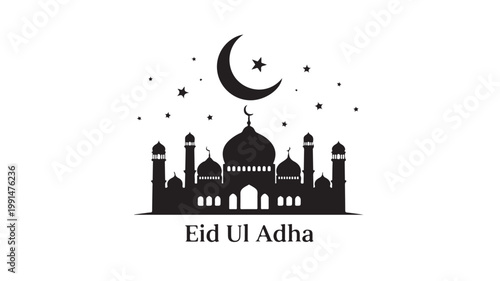 Islamic mosque with crescent moon stars Eid banner silhouette
