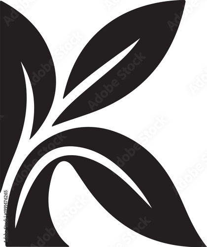 Stylized letter k featuring organic leaf motifs integrated into a bold black and white