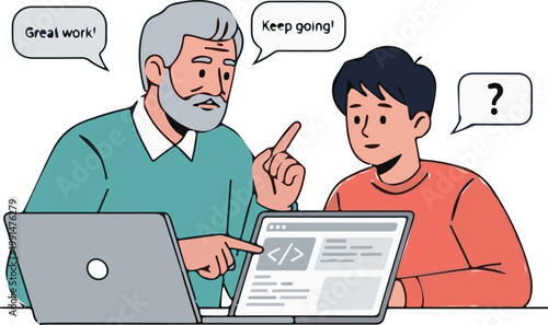 Experienced mentor provides coding guidance and positive reinforcement to a young student working on a project using a digital laptop