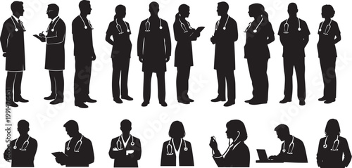 Silhouettes of diverse medical professionals standing in a group setting