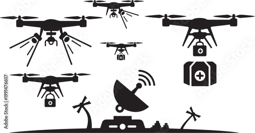 Drone, drone icons, aerial vehicle, remote control, black silhouette