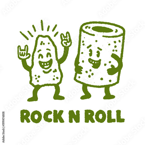 Cheerful vintage engraved illustration featuring humorous rock n roll snack characters with a playful quote perfect for t-shirt design