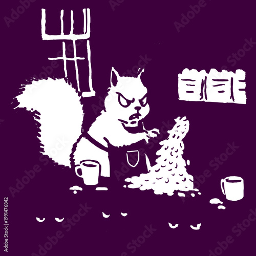 Funny squirrel causing chaos in a vintage kitchen while preparing a hilarious quote t-shirt design