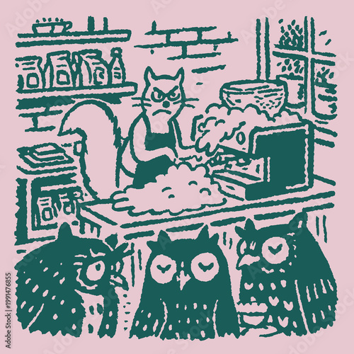 Clever squirrel serving plump owls in a quirky vintage cafe print showcasing a funny quote