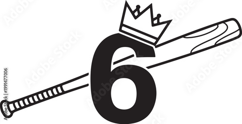 Black vector crowned baseball bat number 6 icon, sports logo, baseball equipment, athletic symbol