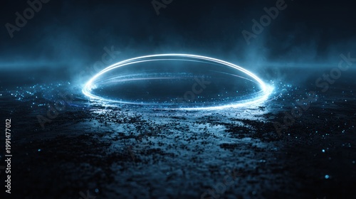 Abstract luminous ring floating above reflective surface on dark background