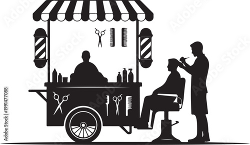 Black silhouette barber cart, mobile haircut station, vector illustration, hairdresser, grooming tools