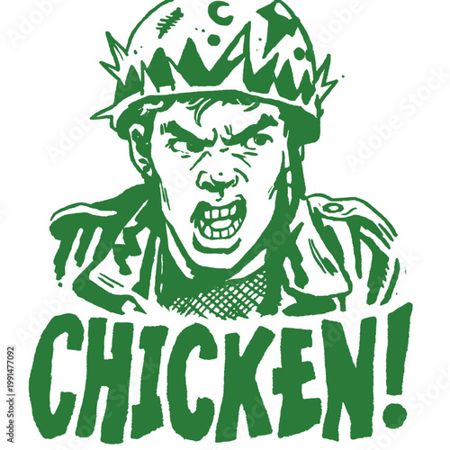 Funny vintage quote shirt design featuring an angry soldier declaring chicken in bold letters