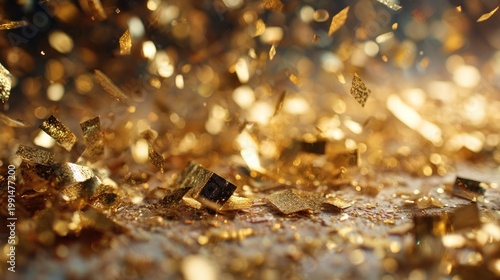 Abstract golden confetti falling down with bokeh lights festive background