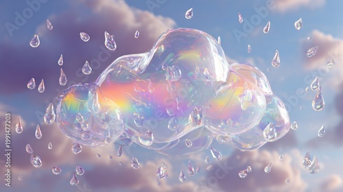 Abstract cloud with rainbow reflection and water droplets in a sky background
