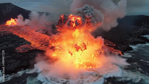 Volcanic Ocean Lava Explosive Reaction